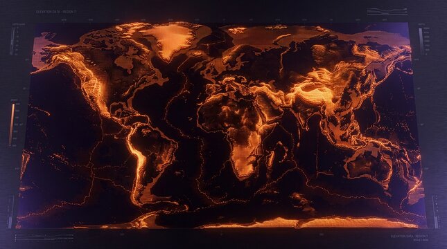 Digital World Map Displaying Glowing Data Network Visualization