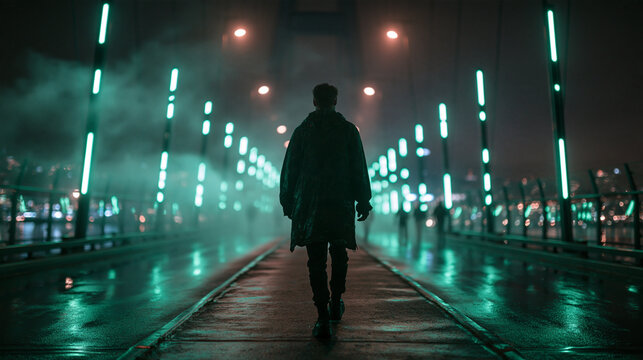 Silhouette of Man Walking on Misty Urban Bridge at Night