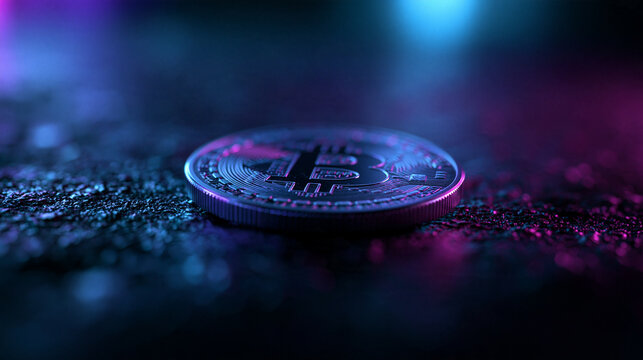 Bitcoin Cryptocurrency Coin with Neon Lighting on Dark Surface