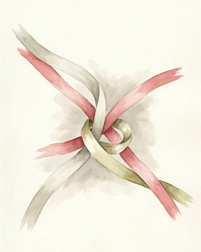Delicate Watercolor Illustration Featuring Intertwined Pink and Cream Ribbons Tied in an Elegant Artistic Knot