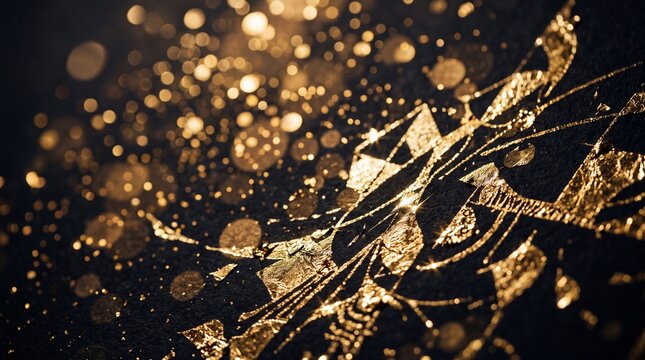 Luxury Gold Foil and Glitter Bokeh on Black Background