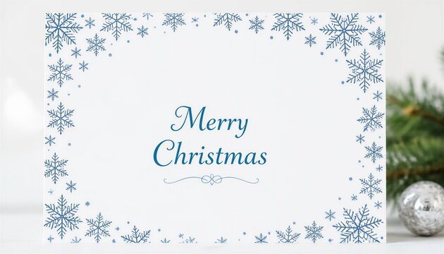 Merry Christmas greeting card with blue snowflake border and copy space