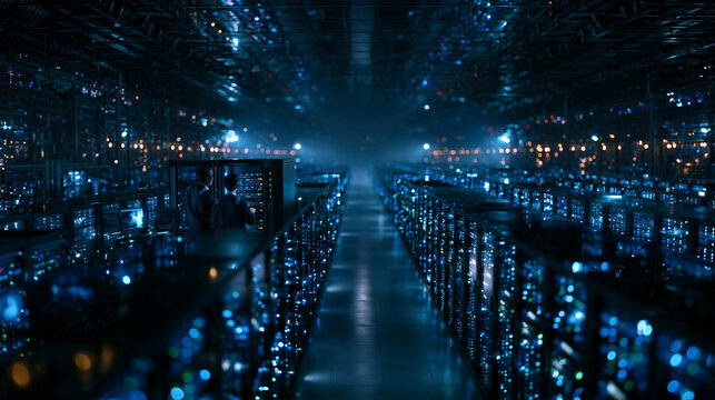 Futuristic Data Center with Server Racks and IT Personnel