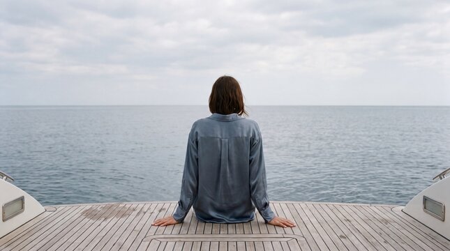 Woman Sitting on Yacht Deck Looking at Open Sea