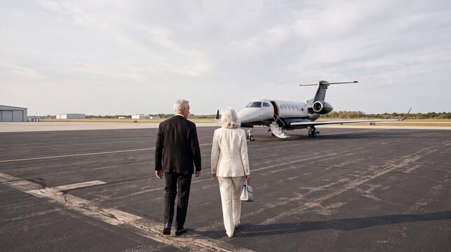 Senior Business Couple Walking Towards Private Jet on Tarmac