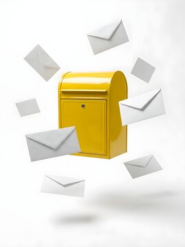 Yellow metal mailbox with floating white paper envelopes levitating on white background