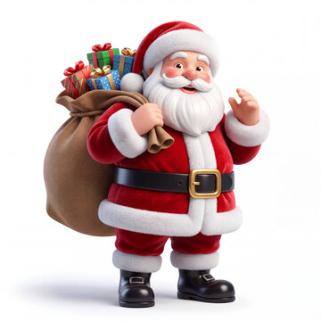 3D Santa Claus Carrying a Heavy Gift Sack on White Background