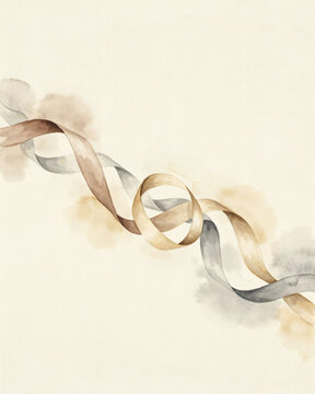 Elegant Watercolor Painting Featuring Intertwined Flowing Ribbons in Soft Gold and Grey Tones for Wedding and Celebration Decor