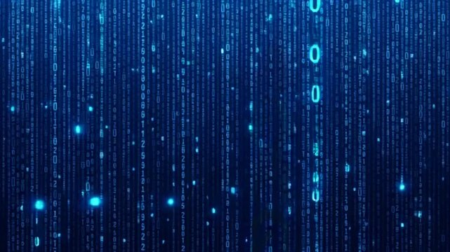 Digital Rain Matrix Effect Blue Background with Falling Binary Code and Particles