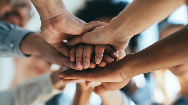 A group of hands stacked together in a circle, with a blurred background of a diverse group of people.