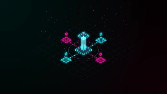 Futuristic holographic interface with glowing digital network connections on dark background showcas