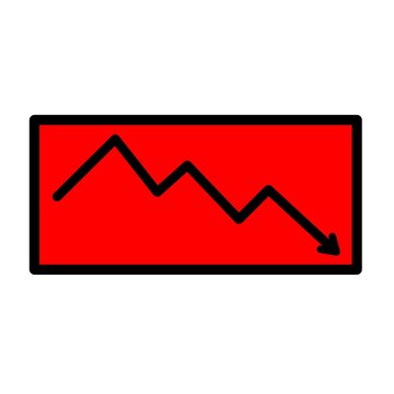 Red business graph icon showing a downward trend and financial loss in the stock market economy with a black arrow pointing down