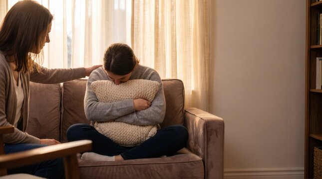 Woman comforting her distressed friend hugging a pillow on a sofa, sharing empathy and emotional support for mental health awareness, counseling services, and grief recovery marketing.