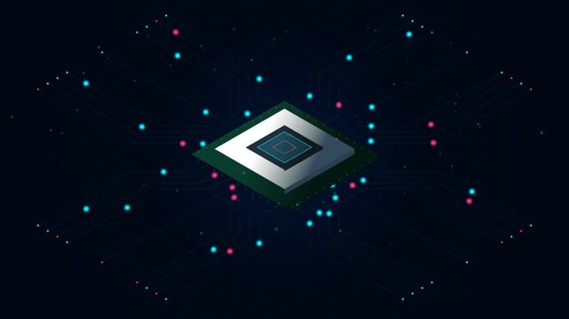 Futuristic microchip processor data flow animation digital circuit board background technology conce