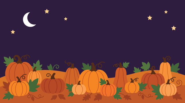 A spooky and delightful halloween night scene featuring a pumpkin patch under a crescent moon and twinkling stars perfect for festive celebrations