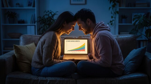 Young couple sitting on a sofa at night reviewing a future savings growth chart on a laptop, sharing a moment of financial planning and optimism for wealth building and retirement security.