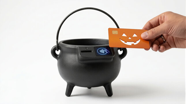 Hand paying contactless with orange pumpkin credit card on a witch cauldron transformed into POS terminal, Halloween shopping and commercial sale concept