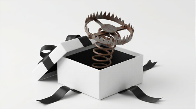 Bear trap popping out on a spring from an open gift box with black ribbon, concept of hidden danger, financial trap, debt and bad christmas present