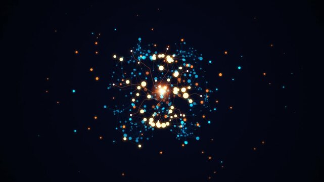Glowing digital neural network nodes pulsing in dark blue abstract cyber space high tech background