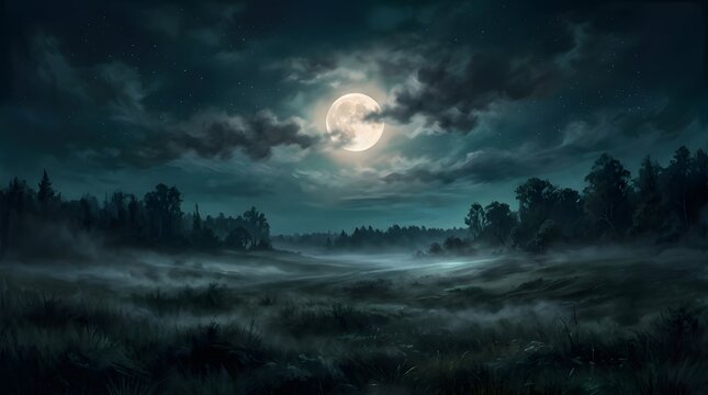 Eerie moonlight illuminates a dark forest landscape with a ghostly apparition