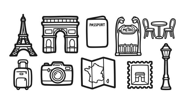 Paris French travel doodle collection showing landmarks and items