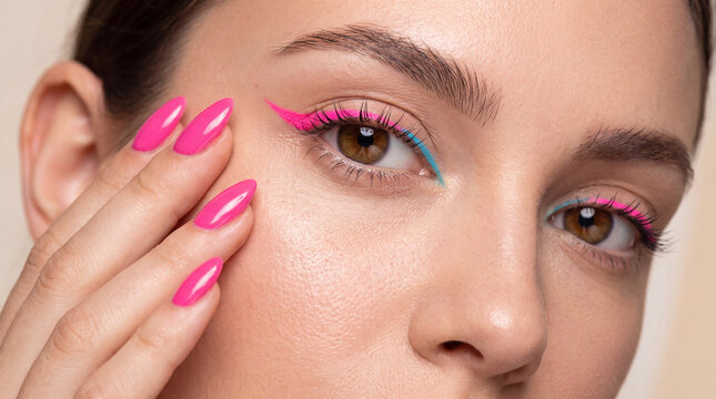 Woman showcasing colorful eye makeup and long pink manicured nails in a beauty portrait.