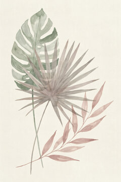 Elegant Watercolor Tropical Foliage Bouquet Featuring Soft Earthy Tones and Botanical Leaf Silhouettes for Modern Minimalist Interior Decor