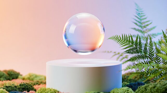 Floating glass sphere above white circular podium
