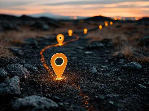 Glowing path with checkpoint markers on rocky trail at sunset, creating guiding route through dark landscape
