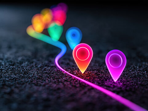 Glowing location path with checkpoint icons on dark road, colorful route line and blurred markers suggesting navigation, progress, and destination guidance