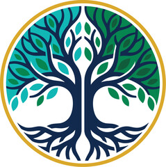 Fototapeta premium Tree of Life vector illustration in green and navy with golden circular frame, leaves and roots for wellness branding