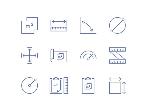 Measurement and engineering line icons, dimensions, angles, area, distance and technical calculation symbols, construction and geometry reference elements editable flat vector illustration.