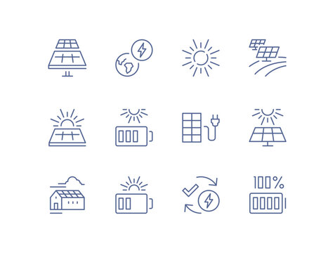 Solar energy and battery storage line icons, photovoltaic panels, renewable electricity, sunlight power generation and home energy systems editable flat vector illustration.