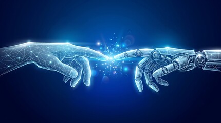 Glowing polygonal human and robotic hands reaching toward each other in a dark blue digital space. Symbolizes AI, technology ,agency, ai, artificial, intelligence