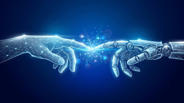 Glowing polygonal human and robotic hands reaching toward each other in a dark blue digital space. Symbolizes AI, technology ,agency, ai, artificial, intelligence