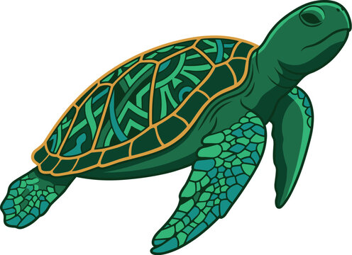 Green sea turtle vector illustration with patterned shell and flippers for ocean conservation education materials