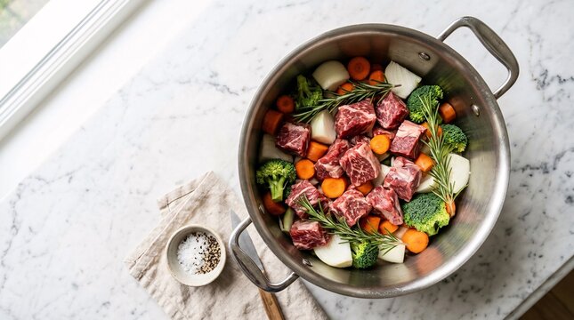 Stainless steel pot holds raw beef chunks, carrots, onions, broccoli and rosemary on white marble, fresh ingredients ready for hearty stew.