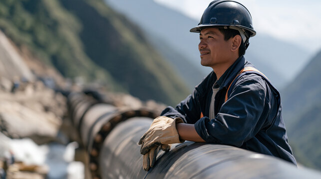 Nepali hydroelectric engineer in hard hat inspecting penstock pipeline on steep mountain terrain, rushing glacial river below, renewable water power generation facility,