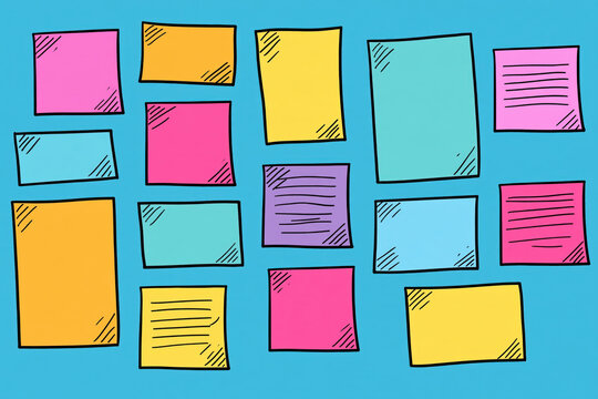 Colorful note paper board sketch style blue background sticky note square paper rectangle paper bright color handwritten line office board wall display paper sheet memo reminder announcement
