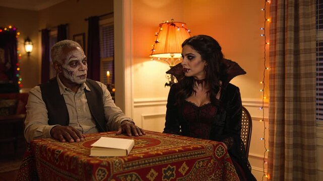Following man shifting gaze, vampire woman turning toward man at home table with box seeking chat