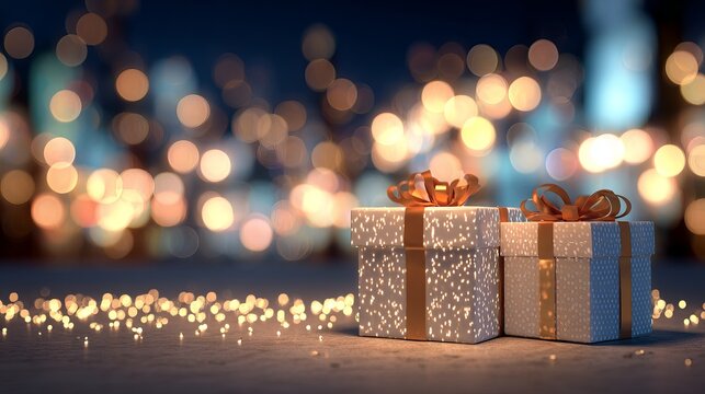 Festive wrapped gift boxes with golden ribbons resting outdoors under soft magical bokeh lights during evening time