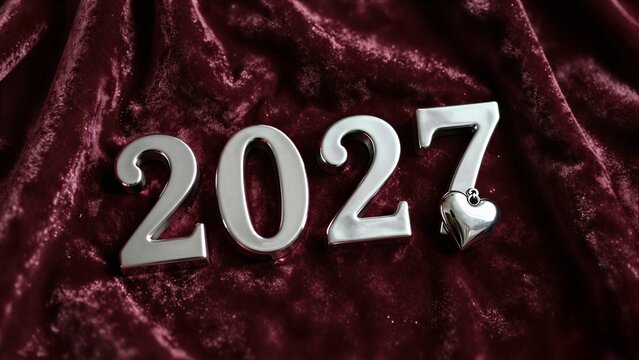 Shiny 2027 numbers on deep red velvet, heart charm adds sentimental touch.