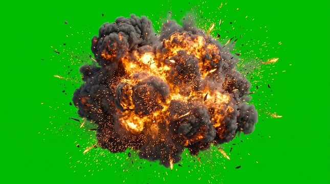 Efecto de explosi&oacute;n realista con fuego, humo, chispas y part&iacute;culas suspendidas, aislado sobre fondo verde chroma key para composici&oacute;n audiovisual.