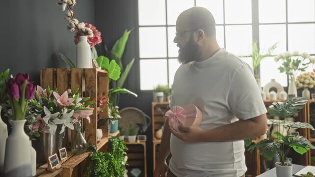 Man holding pink heart box and touching a pink lily while inspecting a wooden floral display and vases in a shop building flooded with soft window light; gift tenderness.