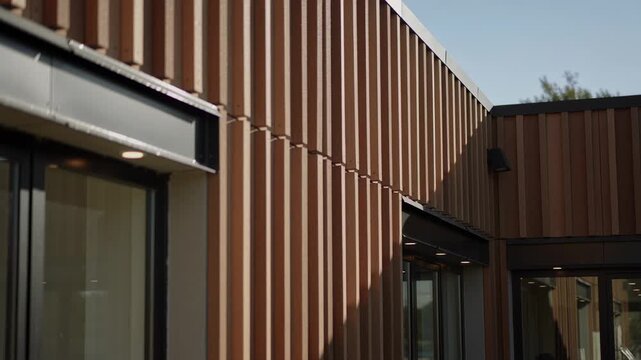 Tracking camera revealing timber-clad facade at exterior to show texture, metal trim