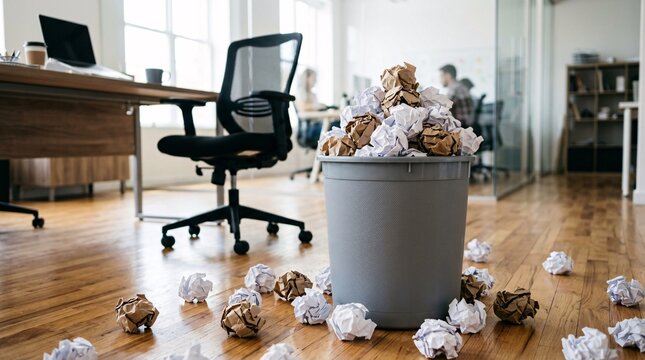 Grey wastebasket heaped with crumpled draft paper balls sits on a polished office floor, scattered rejects hinting at creative frustration.