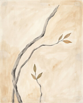 Minimalist Watercolor Painting Featuring Graceful Bare Branches with Golden Leaves on a Soft Neutral Beige Background