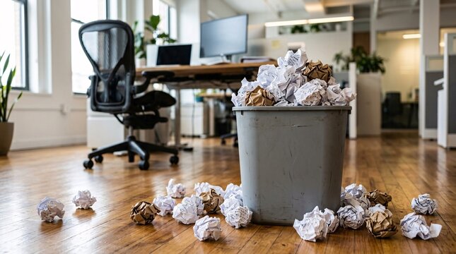 Grey wastebasket heaped with crumpled draft paper balls sits on a polished office floor, scattered rejects hinting at creative frustration.