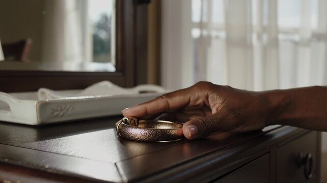 Bringing gold bangle right hand light-sleeved placing it onto wooden dresser at home
