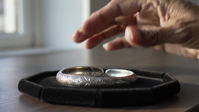 Hovering older right hand lifting engraved silver bangle on velvet pad by window, inspecting disk